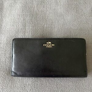Coach Black Leather Zip Wallet with Gold Logo Accent